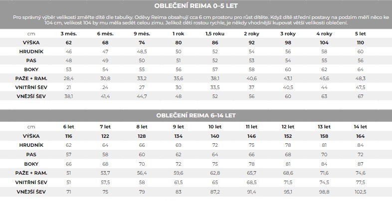 velikostní tabulka - oblečení Reima